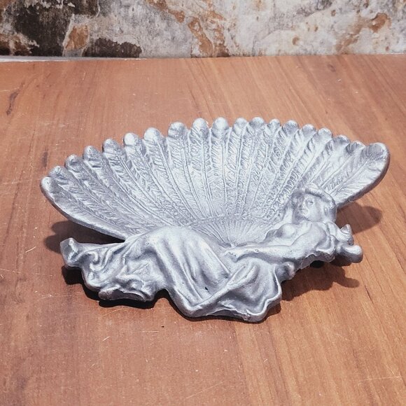 Vintage Cast Metal Trinket Dish Feather Fan Boudoir Lady - Picture 3 of 11
